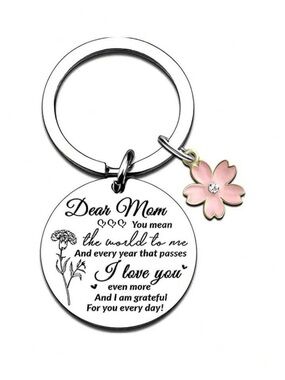 🌺 New Dear Mom Engraved Keychain with Pink Flower Charm